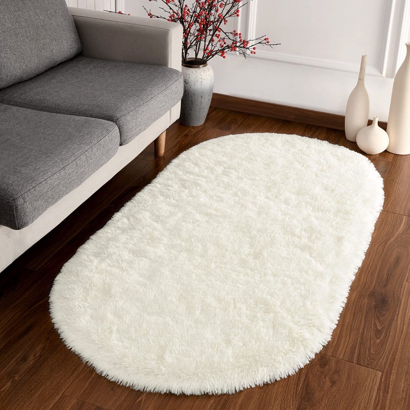 Softlife Fluffy Rugs for Bedroom, Shag Cute Area Rug for Girls/Boys and Kids Baby Room Home Decor, 2.6 x 5.3 Feet Oval Indoor Carpet for Nursery Dorm Living Room, Creamy - Image 2